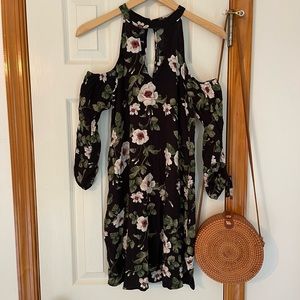 American Eagle long sleeve cutout cold shoulder dress black floral